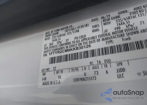 2019 Ford Transit-250 from USA, damaged, VIN 1FTYR2CM9KKB30126